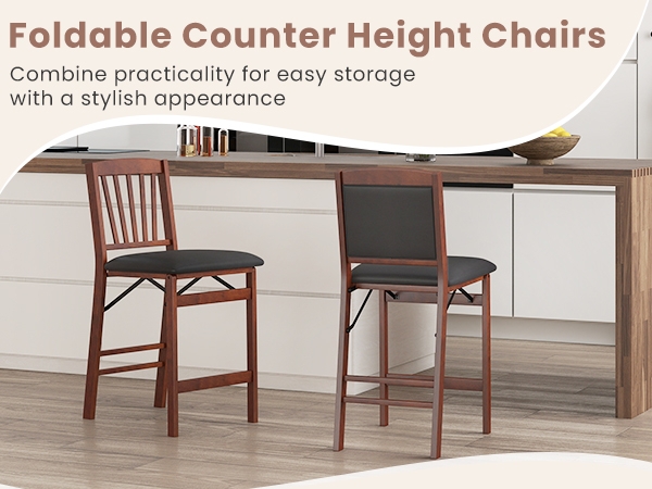Foldable Counter Stools Wood Toned Slat Back Padded Seat Farmhouse Style