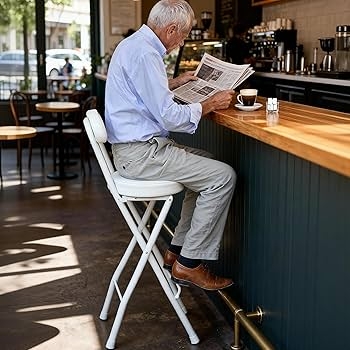 Folding Bar Stool All White Finish Padded Backrest Modern Collapsible