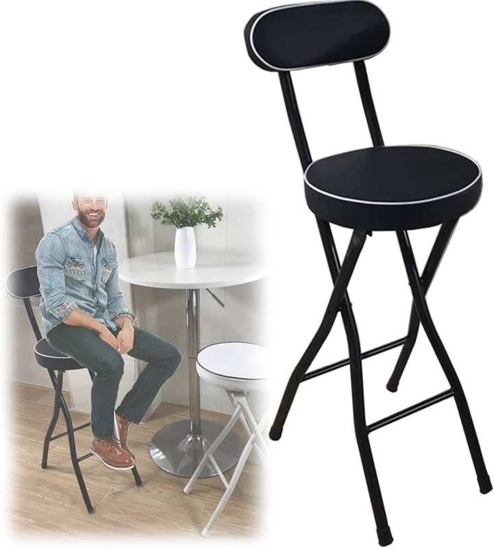 Folding Bar Stool Black with White Contrast Piping Padded Seat Modern