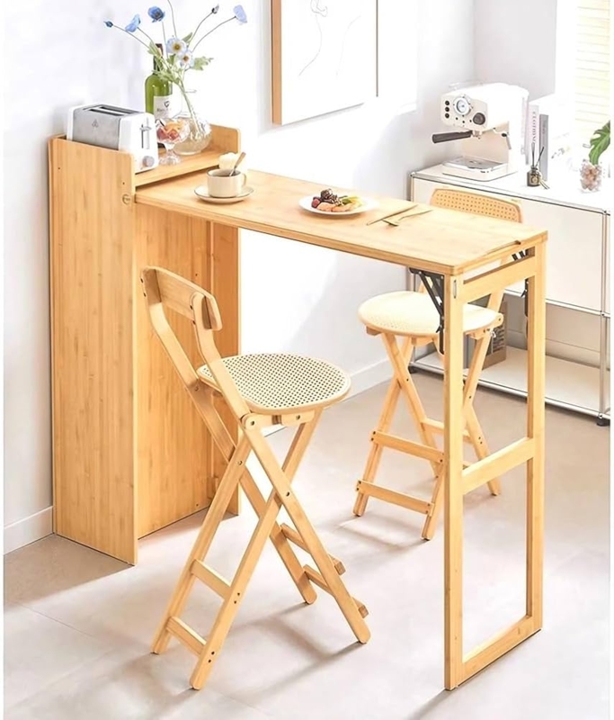 Folding Bar Stool Set Woven Cane Seat Light Wood Scandinavian Style