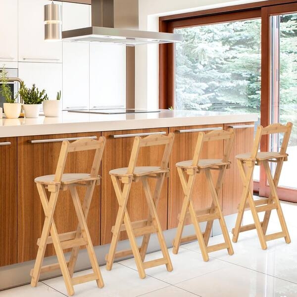 Folding Barstool Natural Bamboo Appearance Slatted Back X-Base