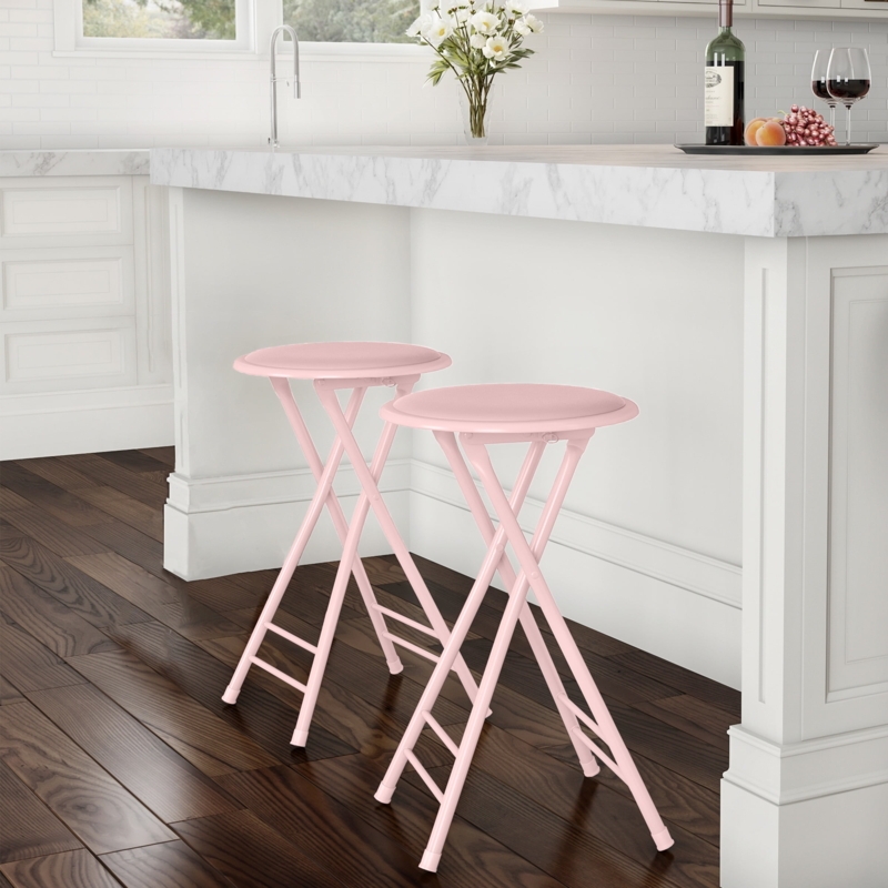 Folding Counter Stool Soft Pink Backless Round Padded Seat Matte Finish