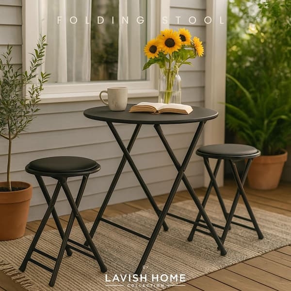 Folding Stool Set Backless Matte Black Metal Small Patio Bistro Set