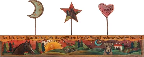 Folk Art Wall Rack with Hand Painted Illustrations and Toppers