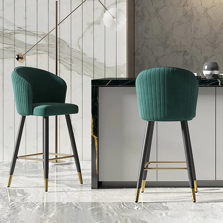 Forest Green Velvet Bar Stool Channel Tufted Back Gold-Capped Legs