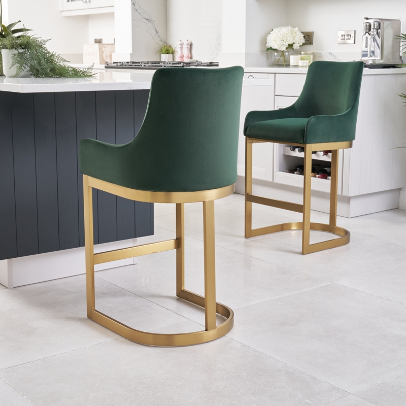 Forest Green Velvet Counter Stool Gold U-Shaped Base Curved Back Glam