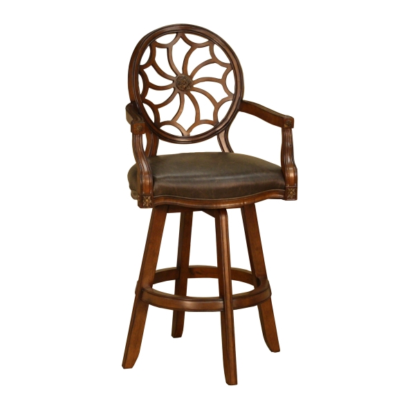 Formal Swivel Bar Stool Sunburst Back Curved Arms Rich Wood