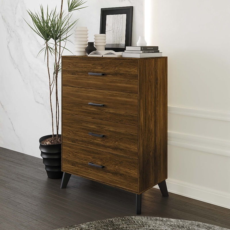 Four-Drawer Chest Walnut Brown Wood Grain, Splayed Black Legs