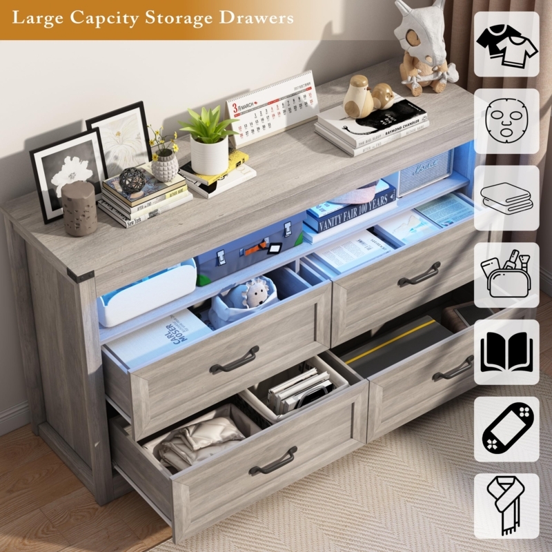 Four-Drawer Dresser Layout featuring Blue LED Lighting Accents