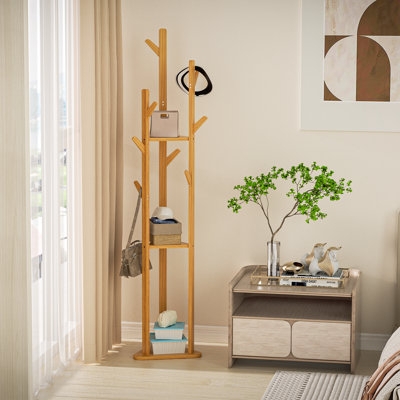 Freestanding Coat Rack Bamboo Appearance Integrated Shelving 9 Hooks