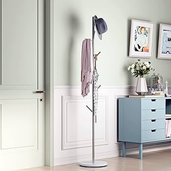 Freestanding Coat Rack, Brushed Silver, Circular Stone Base, Compact