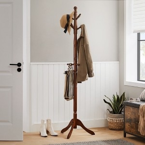 Freestanding Coat Rack Dark Wood Angled Pegs Tripod Base