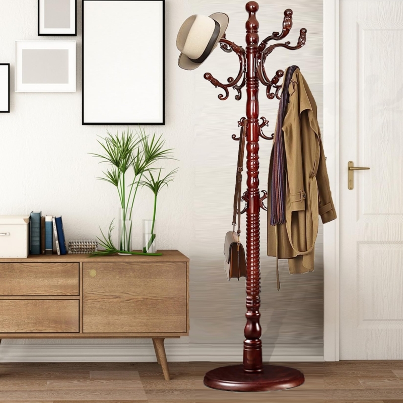 Freestanding Coat Rack Stand with Round Pedestal Base and Turned Post