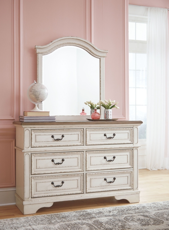 French Country Dresser with Mirror: Distressed Two-Tone & Arched Top