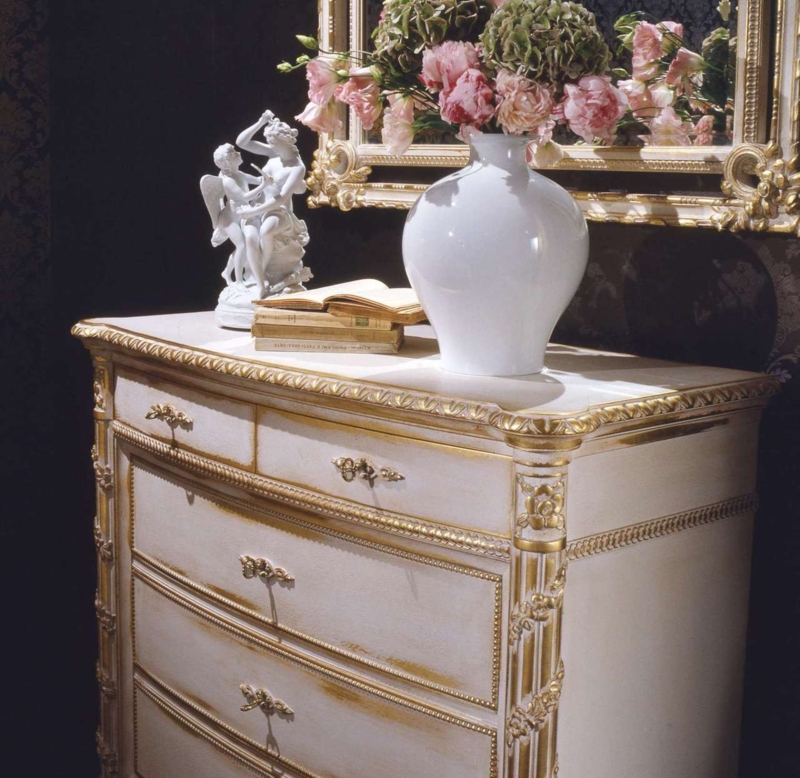 French Provincial Chest: Antique White Finish, Fluted Pilasters (73 chars)
