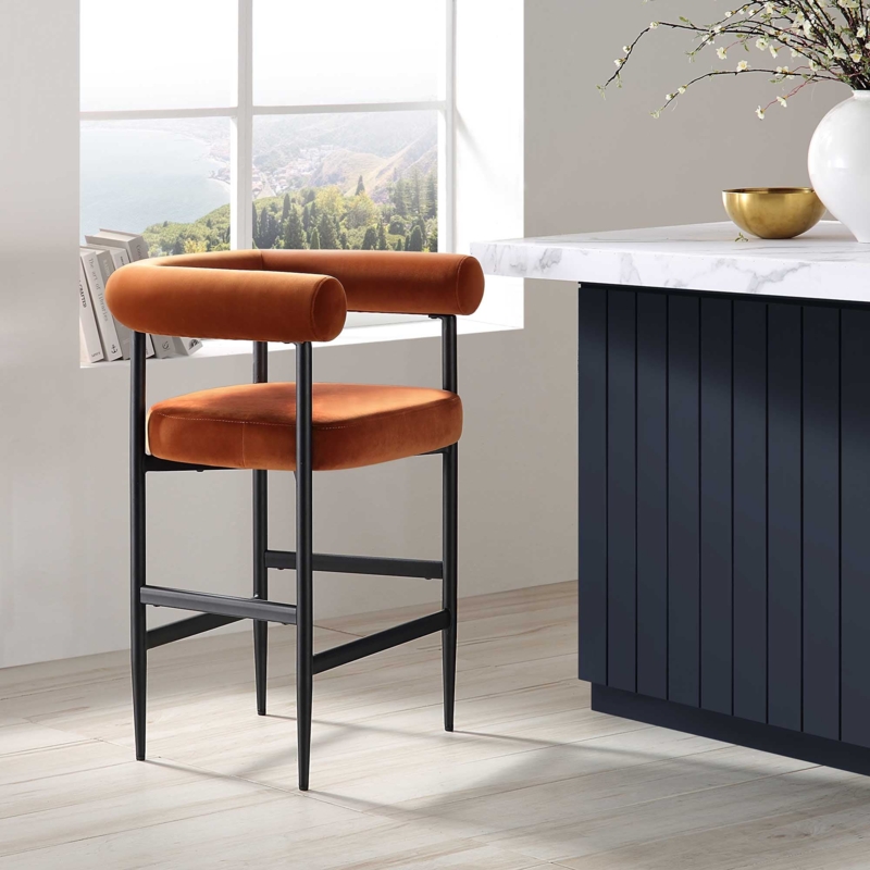 Fulbourn Rust Velvet Counter Stool with Black Legs |