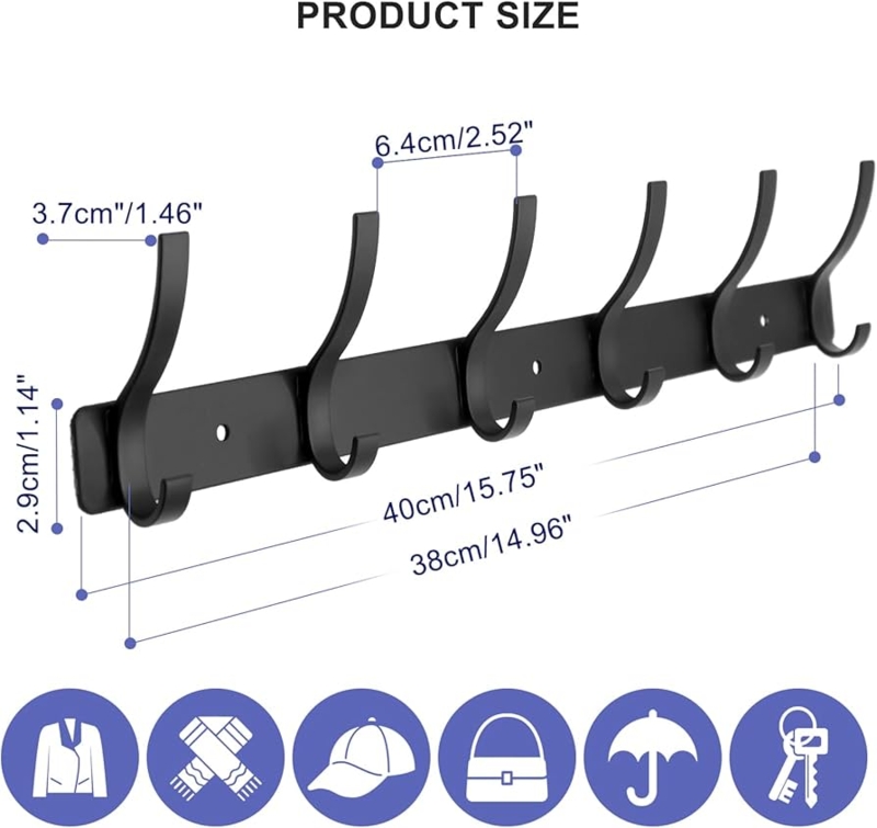 Functional Coat Rack Metal Pre Drilled Holes Six Double Hooks Matte Finish