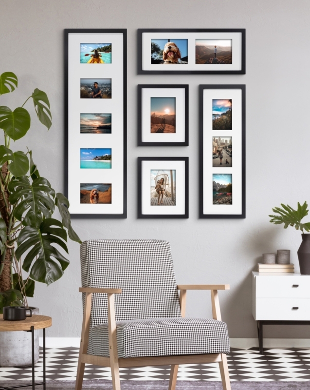 Gallery Wall Frame Set, 5-Piece Black with Multi-Opening White Mats.