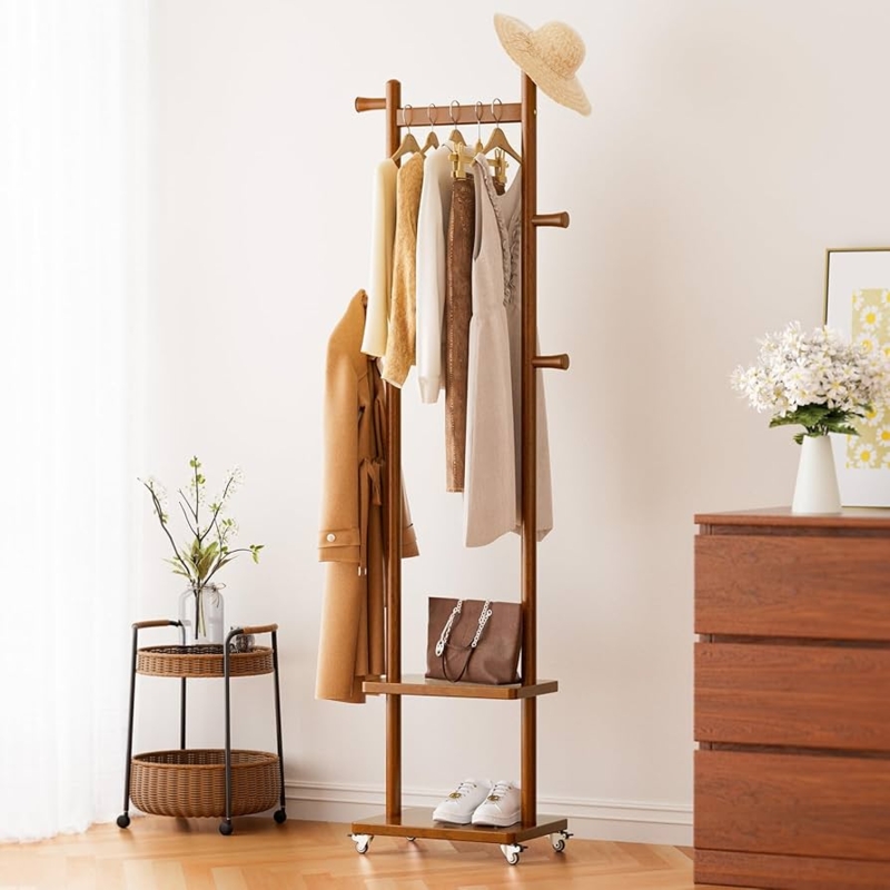 Garment Rack Scandinavian Minimalist Rolling Casters Side Peg Hooks