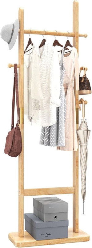 Garment Rack Scandinavian Wood Dual Main Rods Storage Shelf