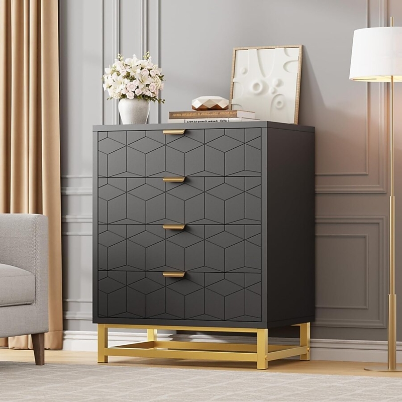 Geometric Cube Pattern Dresser with Gold Metal Legs