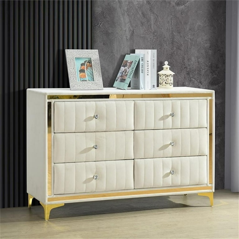 Glam 6-Drawer Dresser: Cream Velvet Upholstery, Channel Tufting (73 chars)