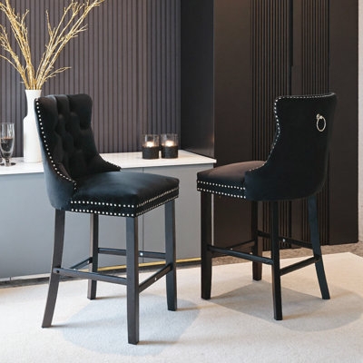 Glam Bar Stool Black Velvet Button Tufted Ring Pull