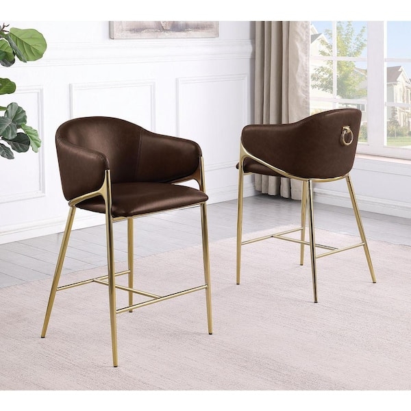 Glam Bar Stool with Espresso Seat, Gold Frame, and Back Ring Pull