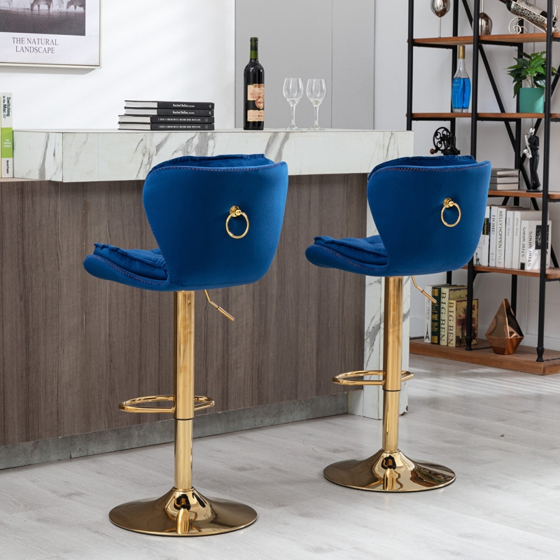 Glam Bar Stool with Gold Pedestal Base and Ring Handle Detail