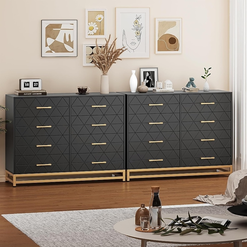 Glam Black Dresser with Geometric Relief Pattern and Gold Base