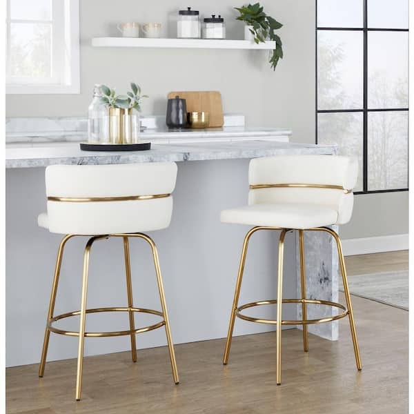 Glam Counter Stool Polished Gold Metal Frame Leather-Like Wrap Around Back