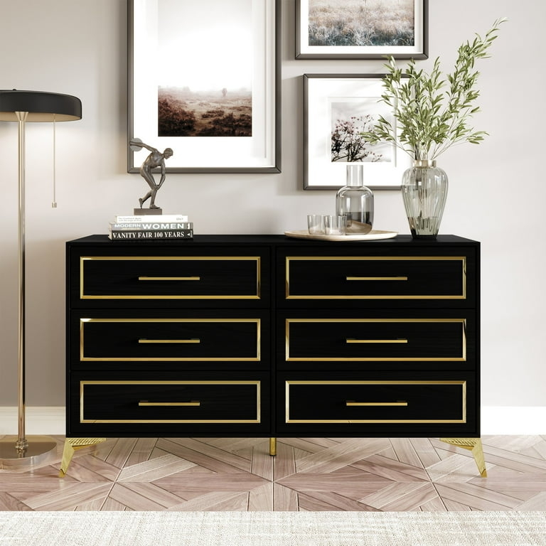 Glam Double Dresser: Black Finish with Gold Picture Frame Trim (72 chars)