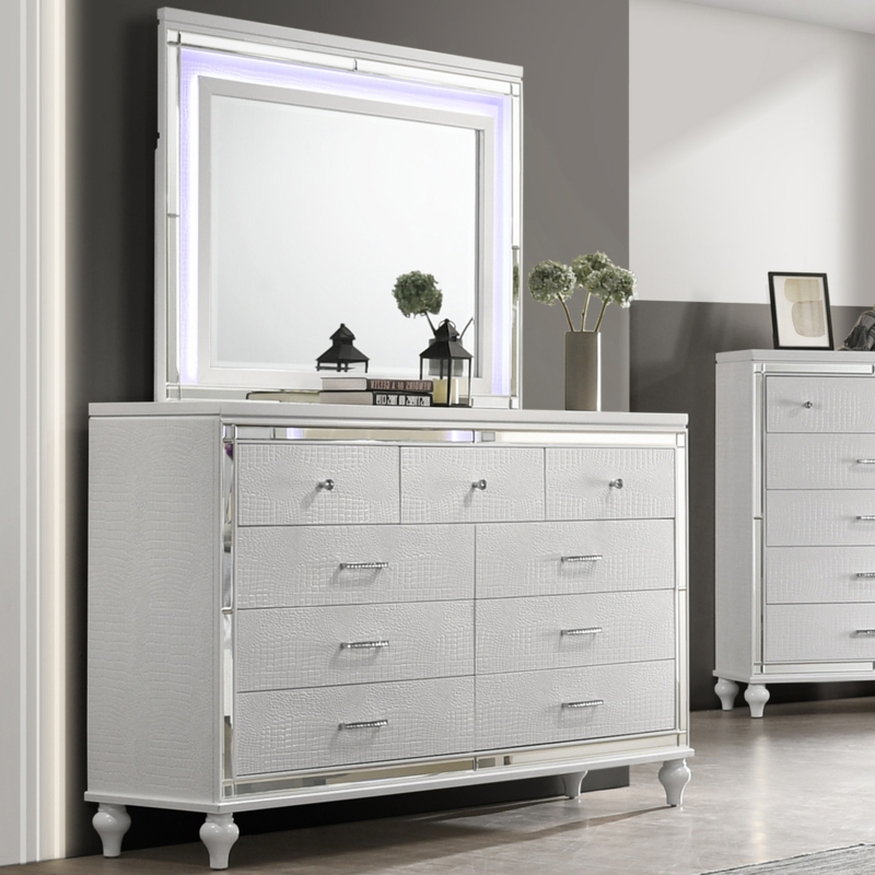 Glam Dresser and Mirror Set with Alligator Texture and LED Lighting