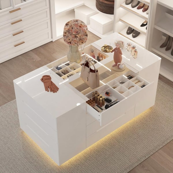 Glam Dresser Island with Glass Top Display and LED Base Lighting