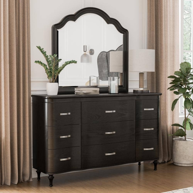 Glam Dresser with Arched Mirror, Black Wood Grain & Curved Corners