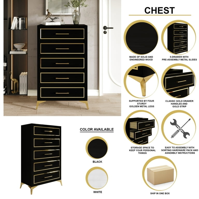 Glam Matte Black Chest with Gold Rectangular Trim and Diamond Legs