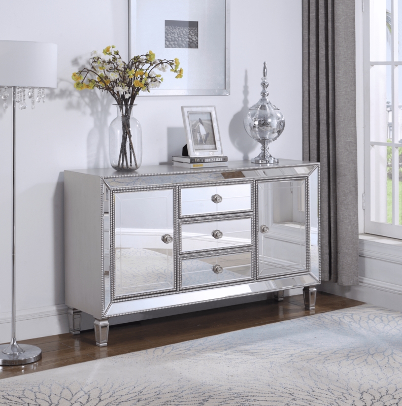Glam Mirrored Dresser Styling: Silver Finish & Beaded Trim Details