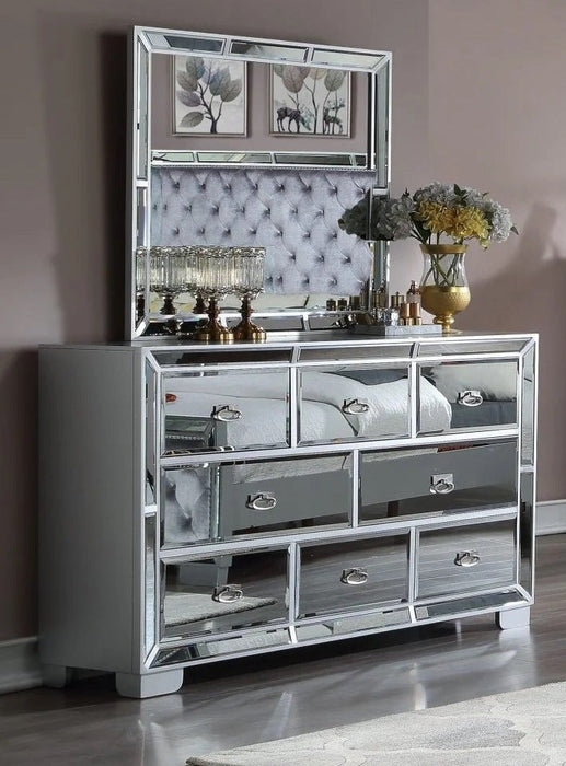 Glam Mirrored Dresser with All-Over Panels and Beveled Edge Trim