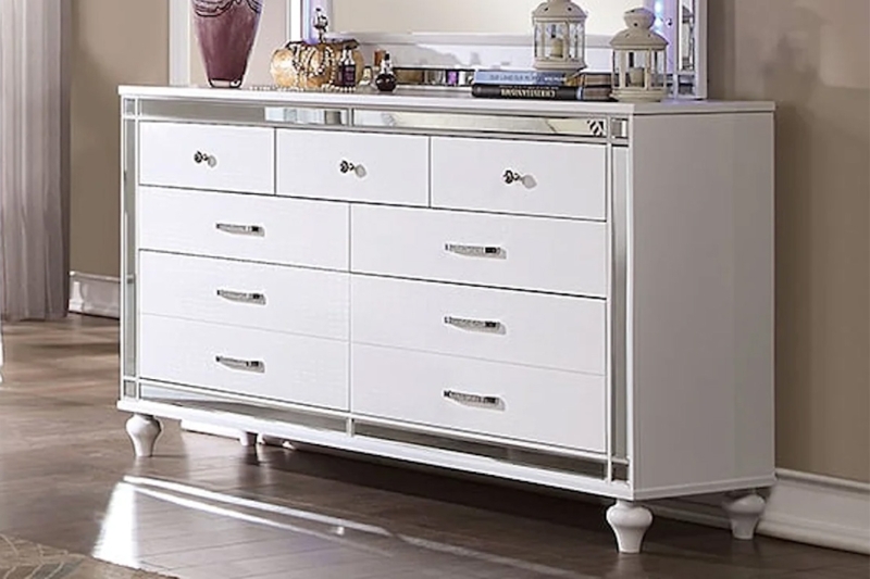 Glam Nine-Drawer Dresser Mirrored Inlay Ornate Hardware Bun Feet Contemporary
