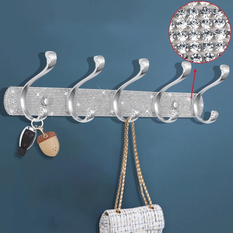 Glam Wall Mounted Coat Rack, Sparkling Rhinestone Backplate, Five Hooks