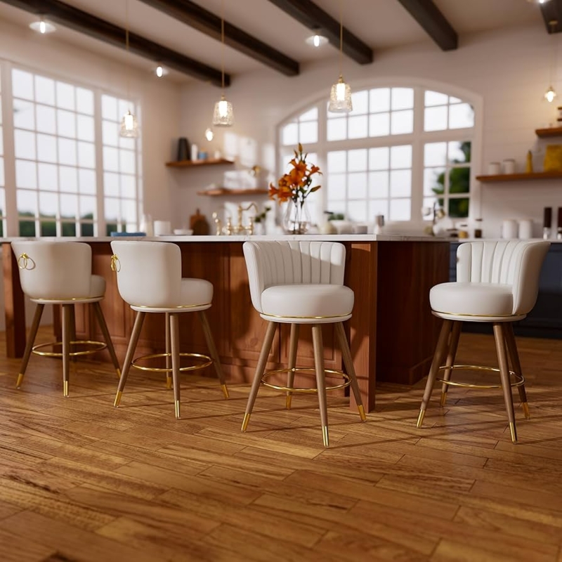 Glam White Bar Stools: Ribbed Barrel Back, Gold Metal Accents