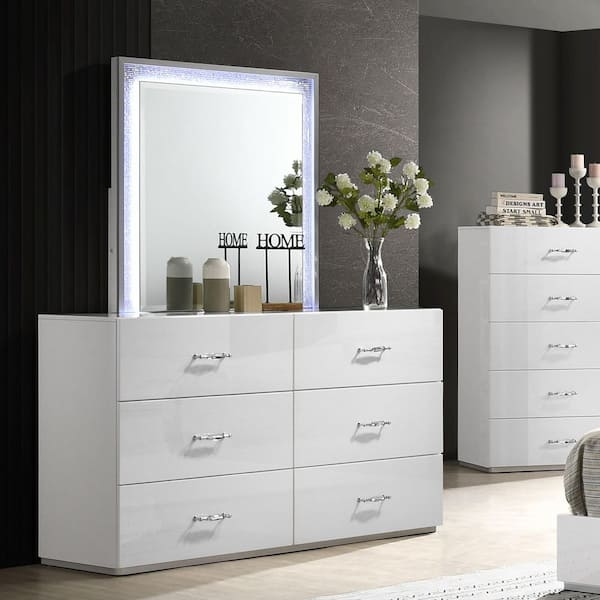 Glam White Double Dresser with LED Mirror Border and Rhinestone Trim