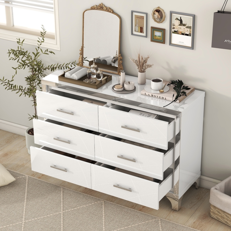 Glam White Double Dresser with Mirrored Sides and Geometric Fronts