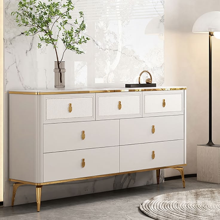Glam White Dresser with Textured Top Drawers and Gold Metallic Base