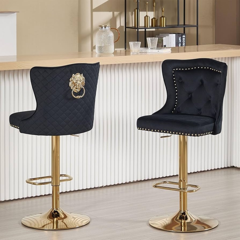 Glam Wingback Bar Stools Lion Head Pull Black Velvet Luxury Home Bar