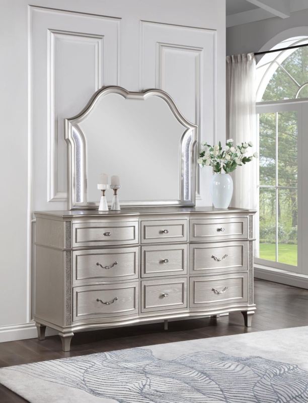 Glamorous Silver Oak Dresser with Integrated LED Arched Mirror