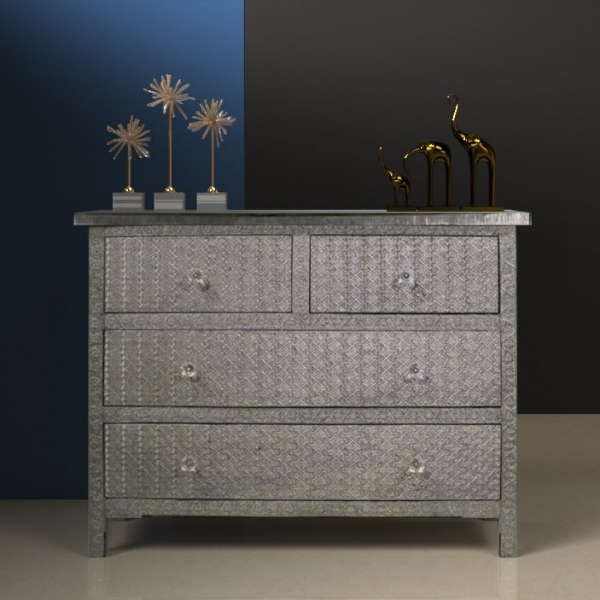 Global Inspired Chest of Drawers with Embossed Scroll Lattice Pattern