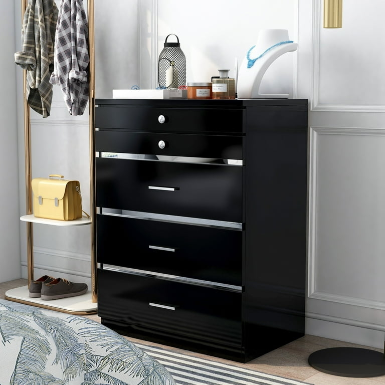 Glossy Black Dresser accented with Mirrored Trim and Mixed Hardware