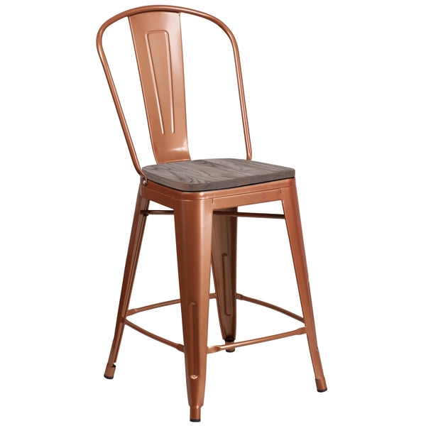 Glossy Metallic Counter Stool with Dark Wood-Toned Seat
