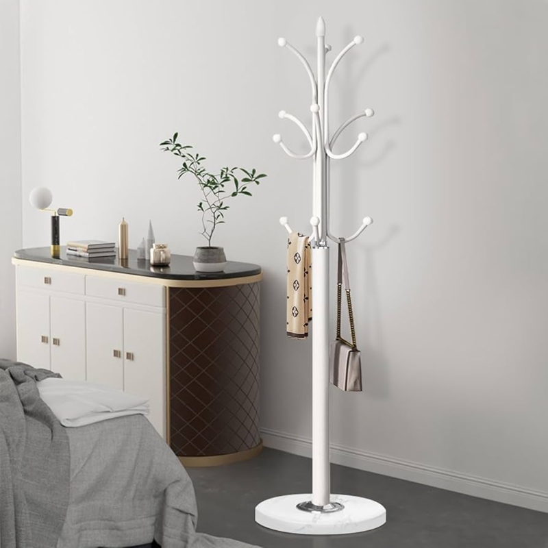 Glossy White Metal Coat Rack Stand with Stone-Like Marble Base.